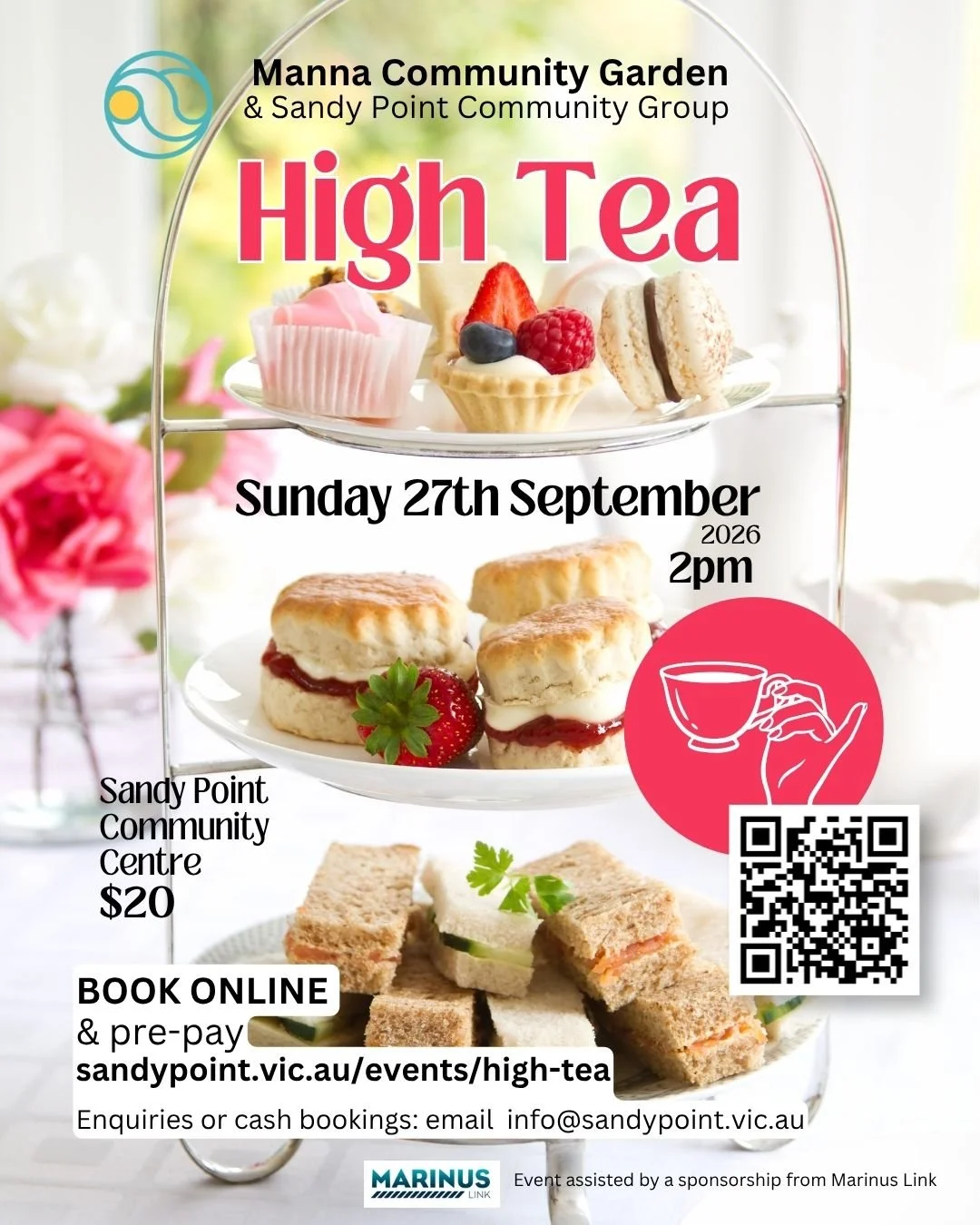TICKET SALES ARE NOW OPEN - don't miss out!
As usual, this will be a scrumptious food experience delivered by Manna Community Garden and SPCG. Book your seats and pay online at www.sandypoint.vic.au/events/high-tea or contact info@sandypoint.vic.au  