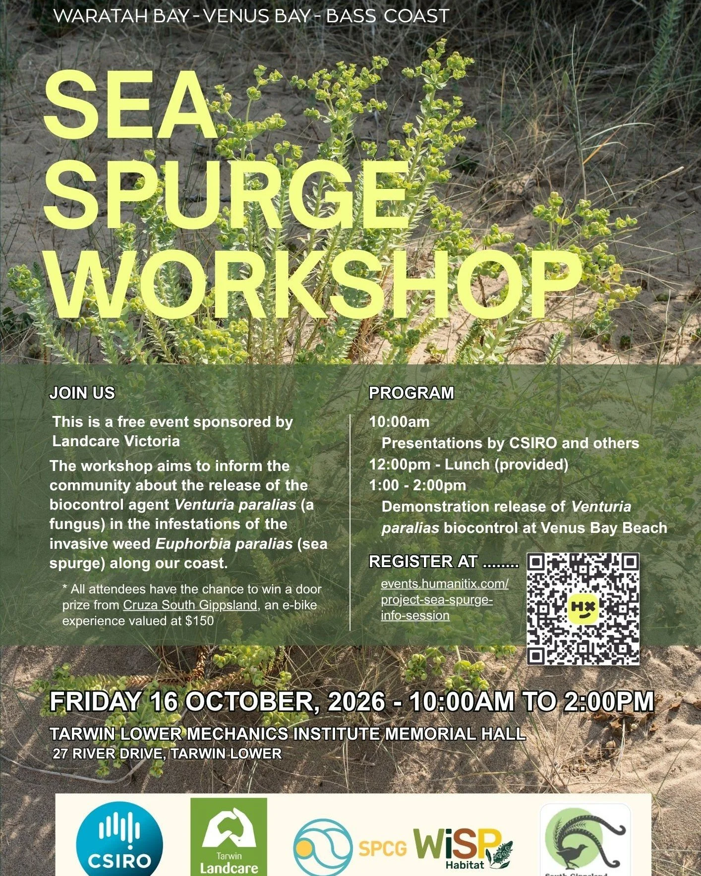 Register now for this local workshop on 16 October about tackling Sea Spurge, which is an invasive weed along our coast.

SPCG/WiSP Habitat is joining with Tarwin Landcare Group and South Gippsland Conservation Society to present an information and l