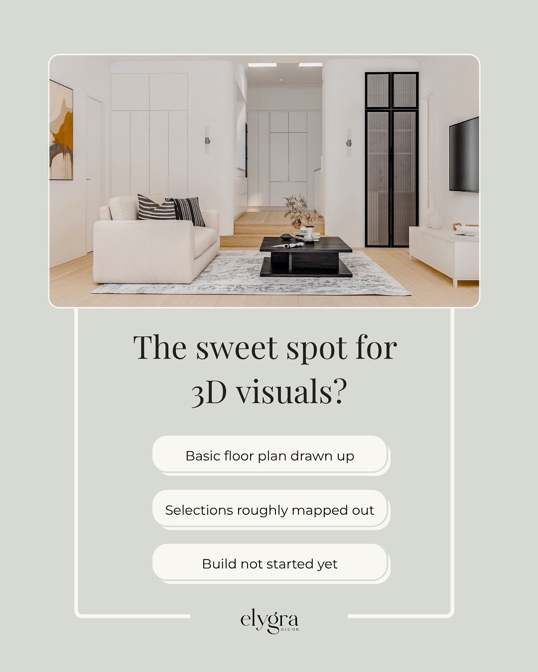 Too early for 3D visuals? 🤔
⠀⠀⠀⠀⠀⠀⠀⠀⠀
Not if you want to get it right.
⠀⠀⠀⠀⠀⠀⠀⠀⠀
A lot of people think 3D visuals come at the end.
Once the plans are locked in.
Once the selections are final.
Once there&rsquo;s no room left to tweak.
⠀⠀⠀⠀⠀⠀⠀⠀⠀
But h