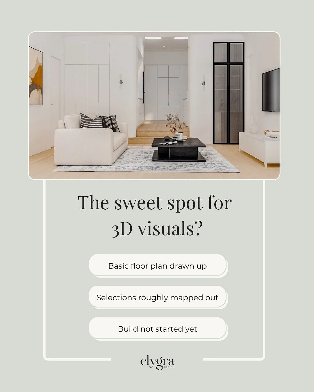 Too early for 3D visuals? 🤔
⠀⠀⠀⠀⠀⠀⠀⠀⠀
Not if you want to get it right.
⠀⠀⠀⠀⠀⠀⠀⠀⠀
A lot of people think 3D visuals come at the end.
Once the plans are locked in.
Once the selections are final.
Once there&rsquo;s no room left to tweak.
⠀⠀⠀⠀⠀⠀⠀⠀⠀
But h