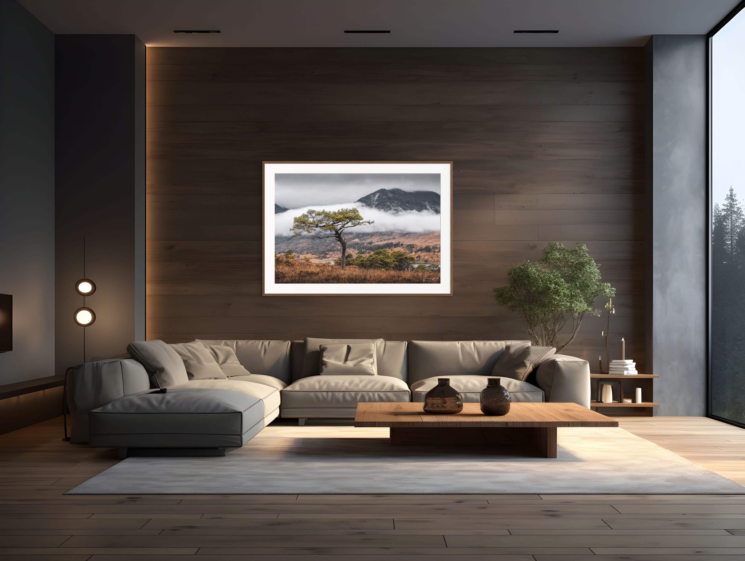 Framed print of Solitude of the Glen by Duncan Wood displayed on a wall. Scottish landscape photography featuring a lone pine in Glen Affric.