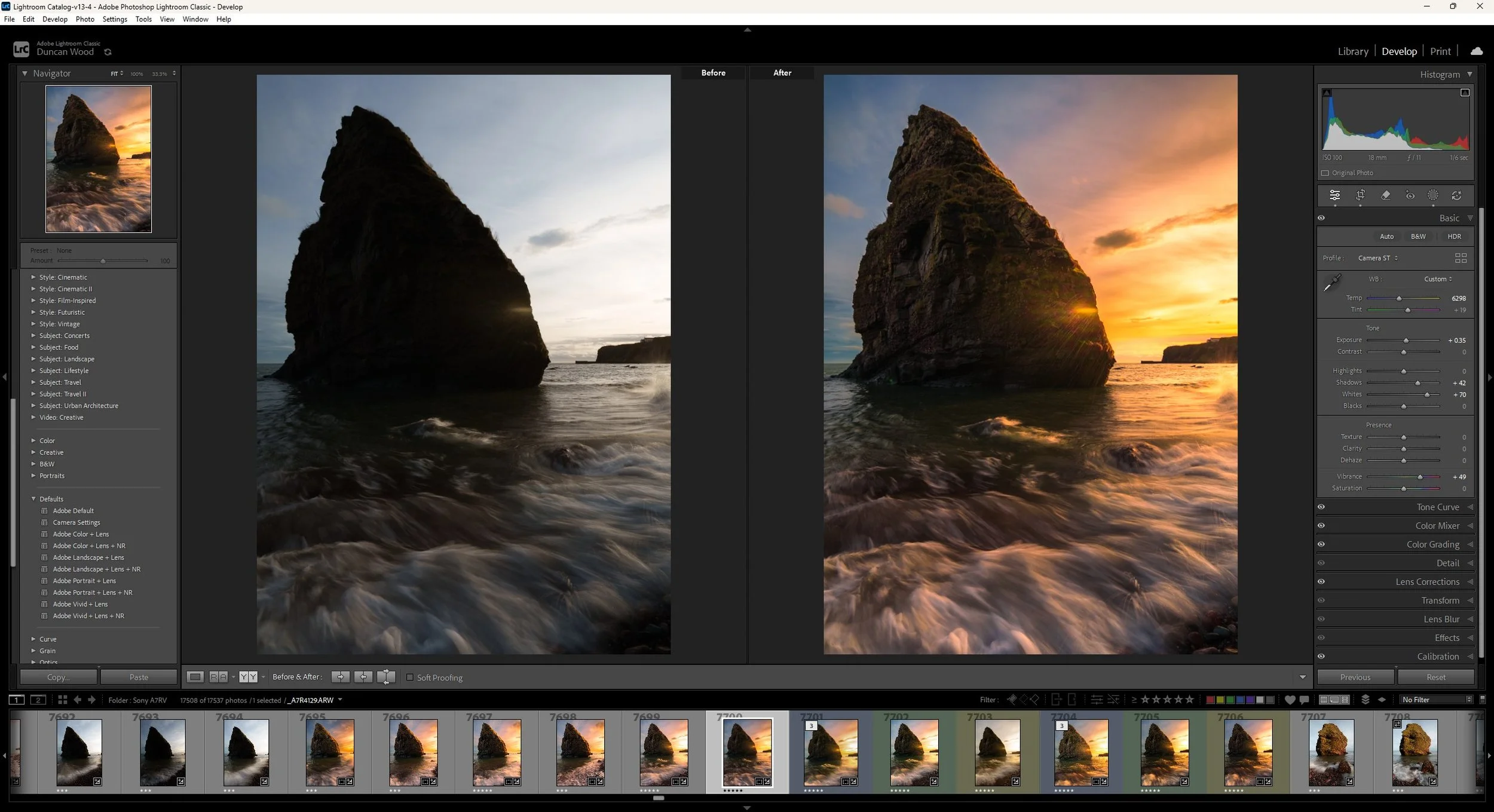 Before and after landscape photograph being edited in Lightroom