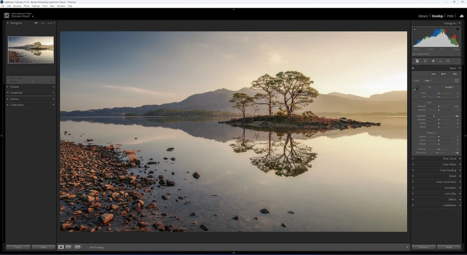 Duncan Wood editing a landscape photo in Adobe Lightroom during a 1-to-1 online editing masterclass, screen capture.
