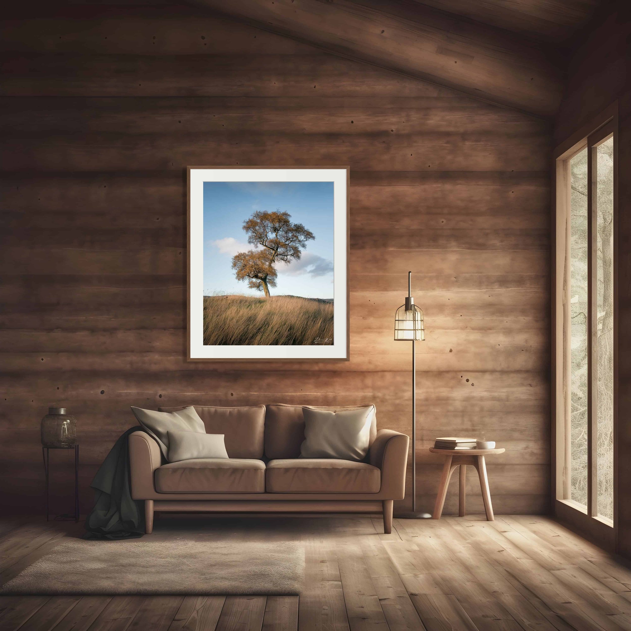 Framed print of The Gentle One by Duncan Wood displayed on a wall. Scottish nature photography featuring a solitary tree and blue sky.