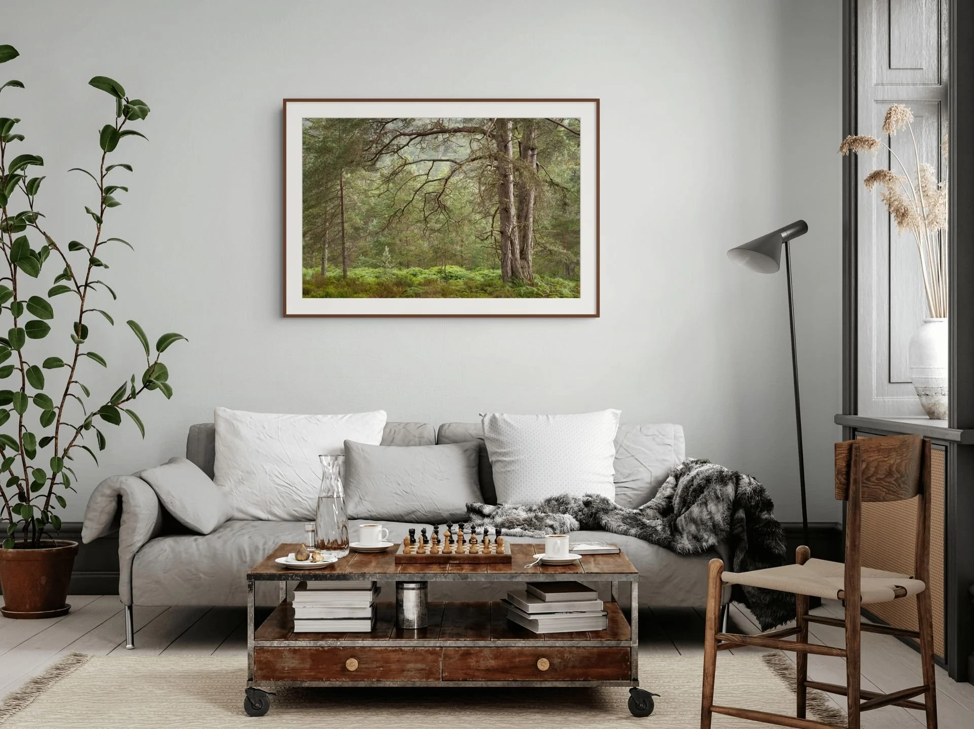 Before the Turning framed Scottish woodland fine art print displayed in a contemporary living room