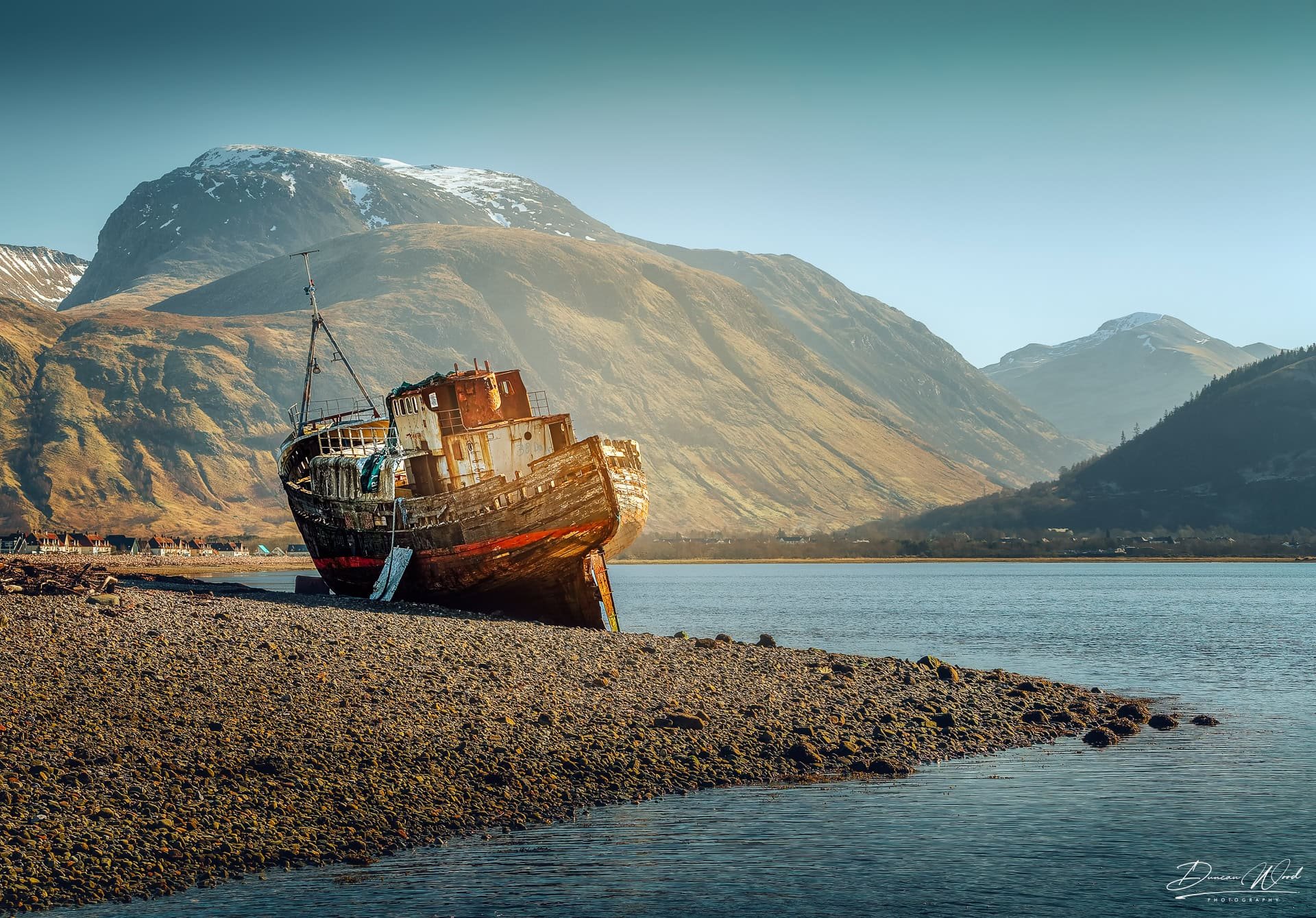 Corpach shipwreck beneath Ben Nevis, photographed by Duncan Wood in Scotland. Scottish landscape photography.