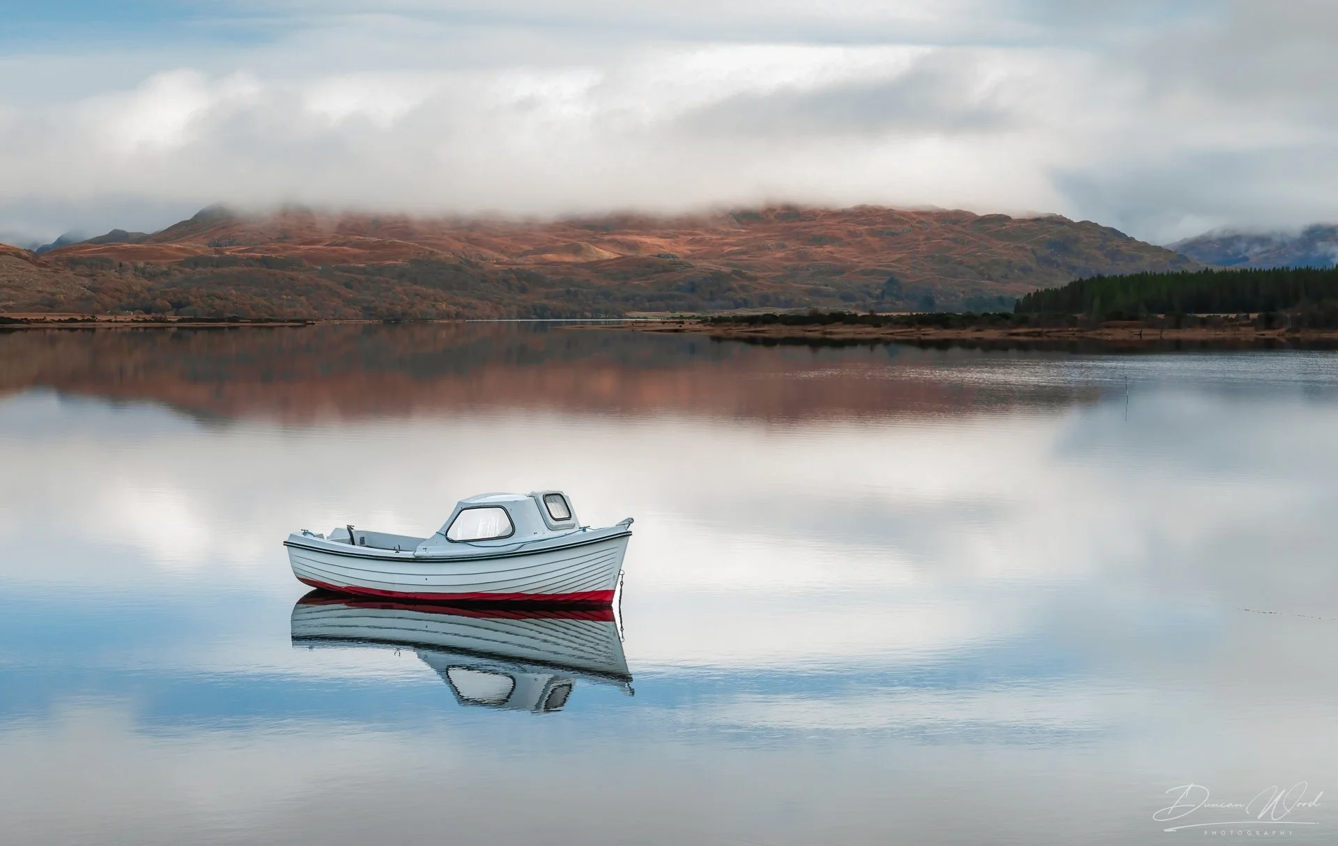 Level 1 beginner photography workshop in Scotland with a white boat on a calm loch and mountain reflections