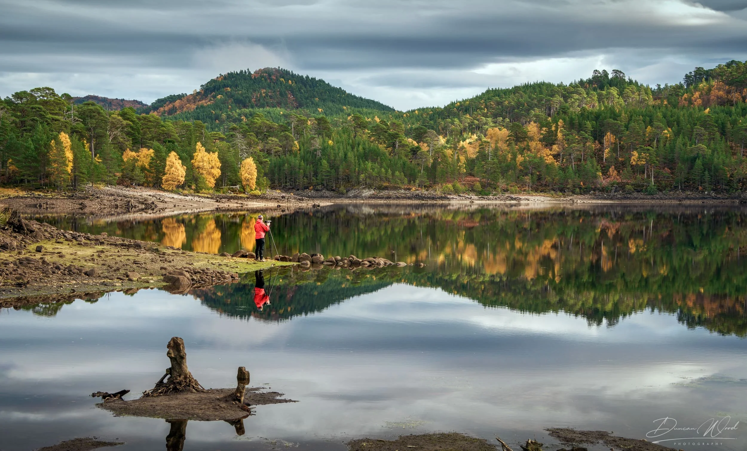 Private photography tour in Scotland beside a Highland loch with autumn woodland, reflections and atmospheric light