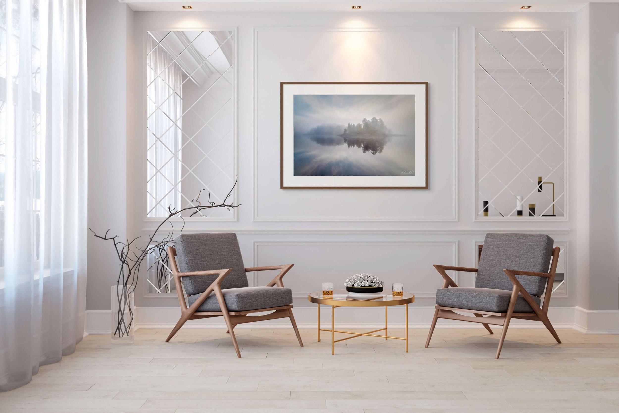 Framed print of Whispers from the Island by Duncan Wood displayed on a wall. Scottish landscape photography showing a loch island reflection.
