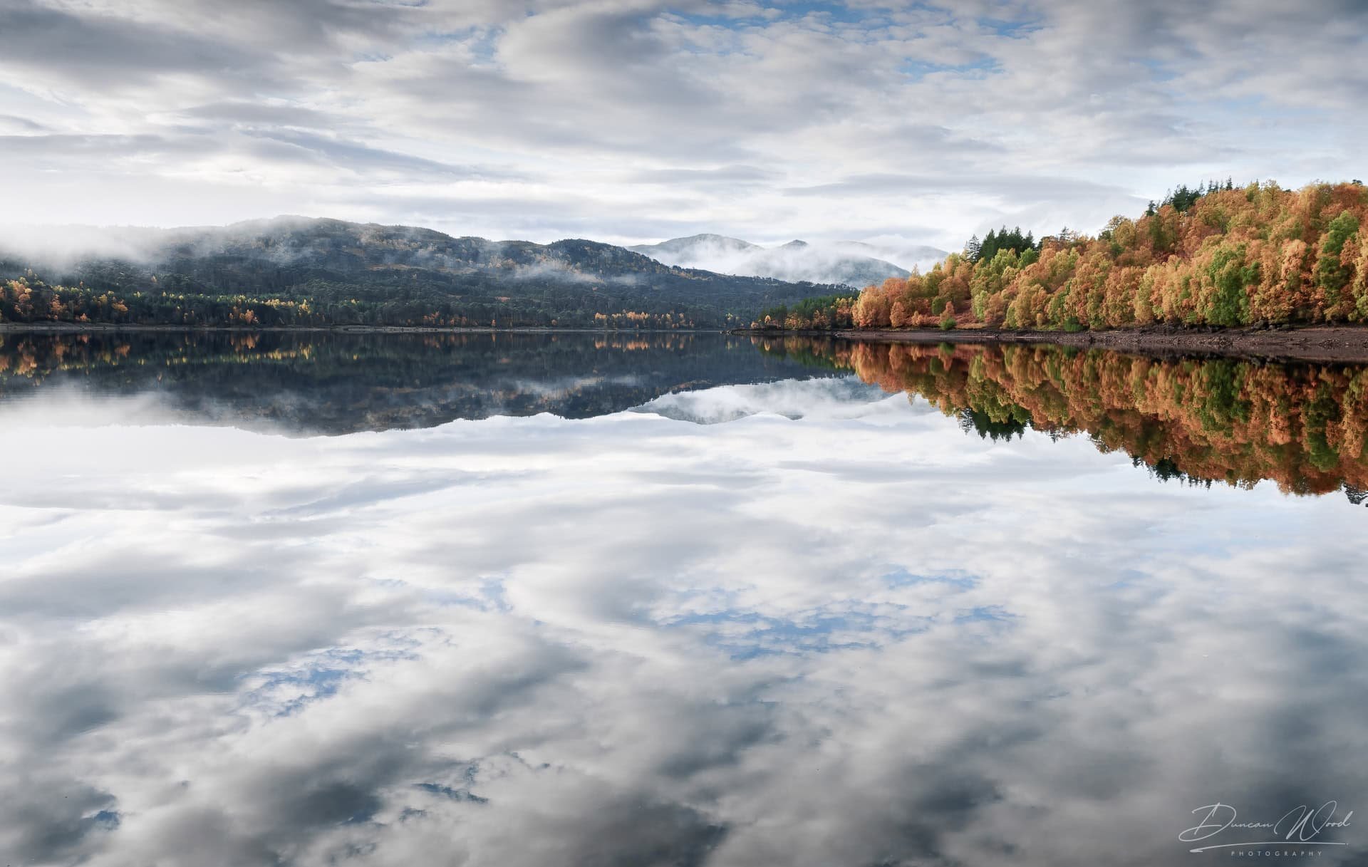 Beautiful mirror reflection on a loch in Glen Affric, Scotland