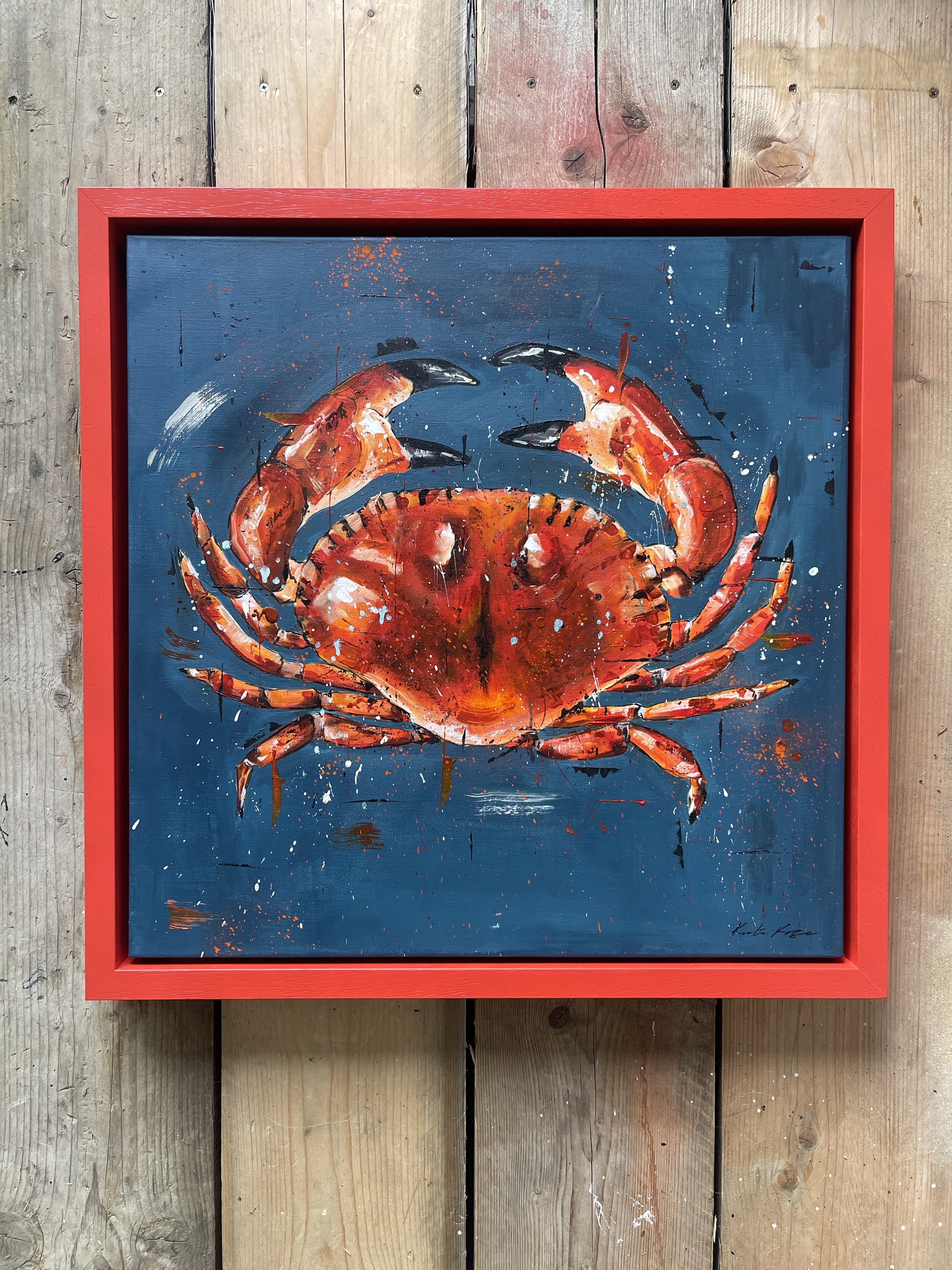 One Red Crab, 2023. 60x60cm. Framed in burnt orange. 