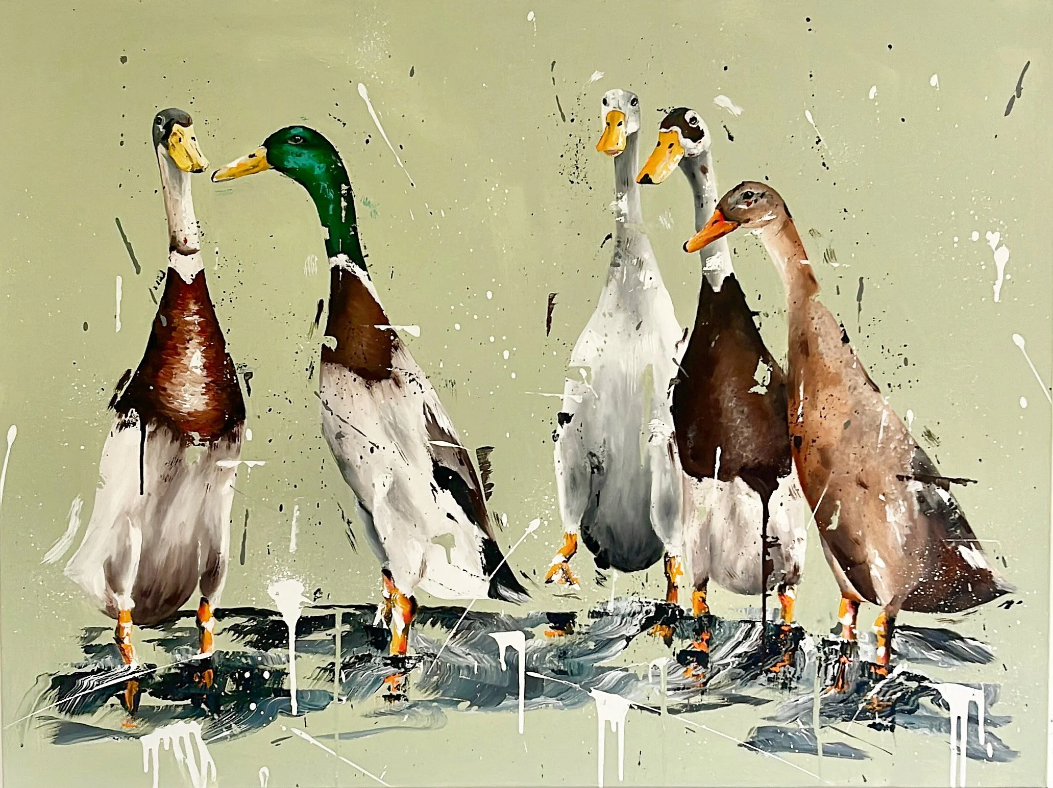 Get Your Ducks in a Row, 2023. Arylic on canvas. Framed in white woodgrain. 