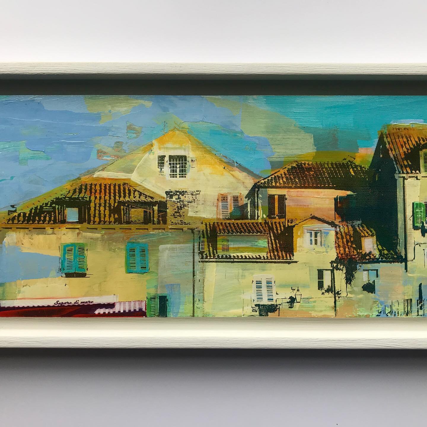 Dubrovnik has a friend! Acrylic and screen print on wooden panel 42cm x 18cm, reminding me of hot summer days #holidays #painting #acrylicpainting #screenprinting  #colour