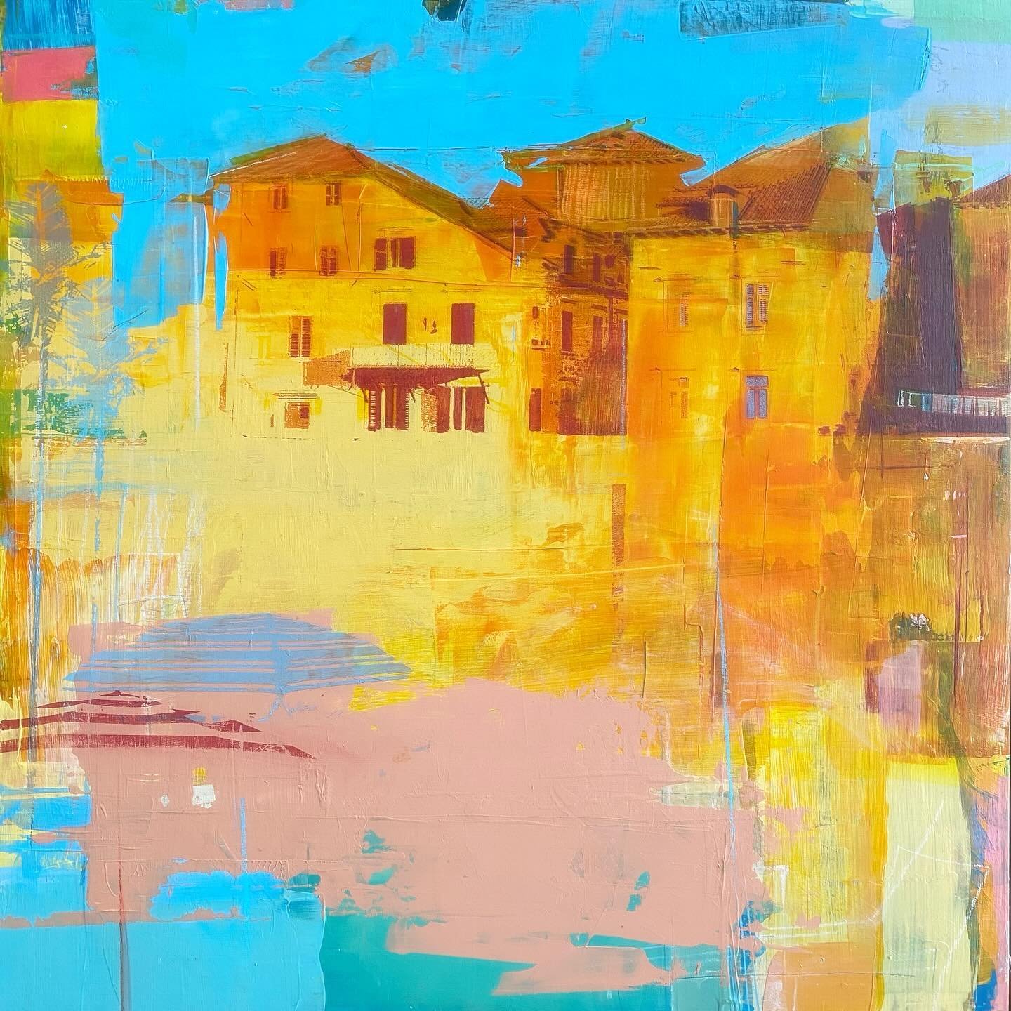 Summer days. Not too sure if this is finished but if I post it I may stop going back to it for a while!
50 x 50 mixed media.  #summer #print #paint #croatia #texture #painting