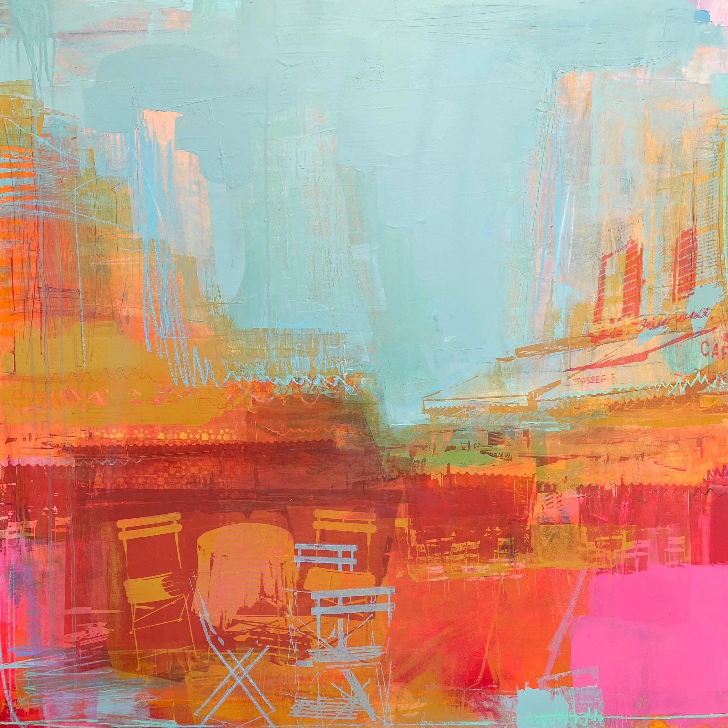 &ldquo;Al Fresco&rdquo; 90cm x 90cm warmer days and holidays are on their way #printpaint #newwork #acfylicart