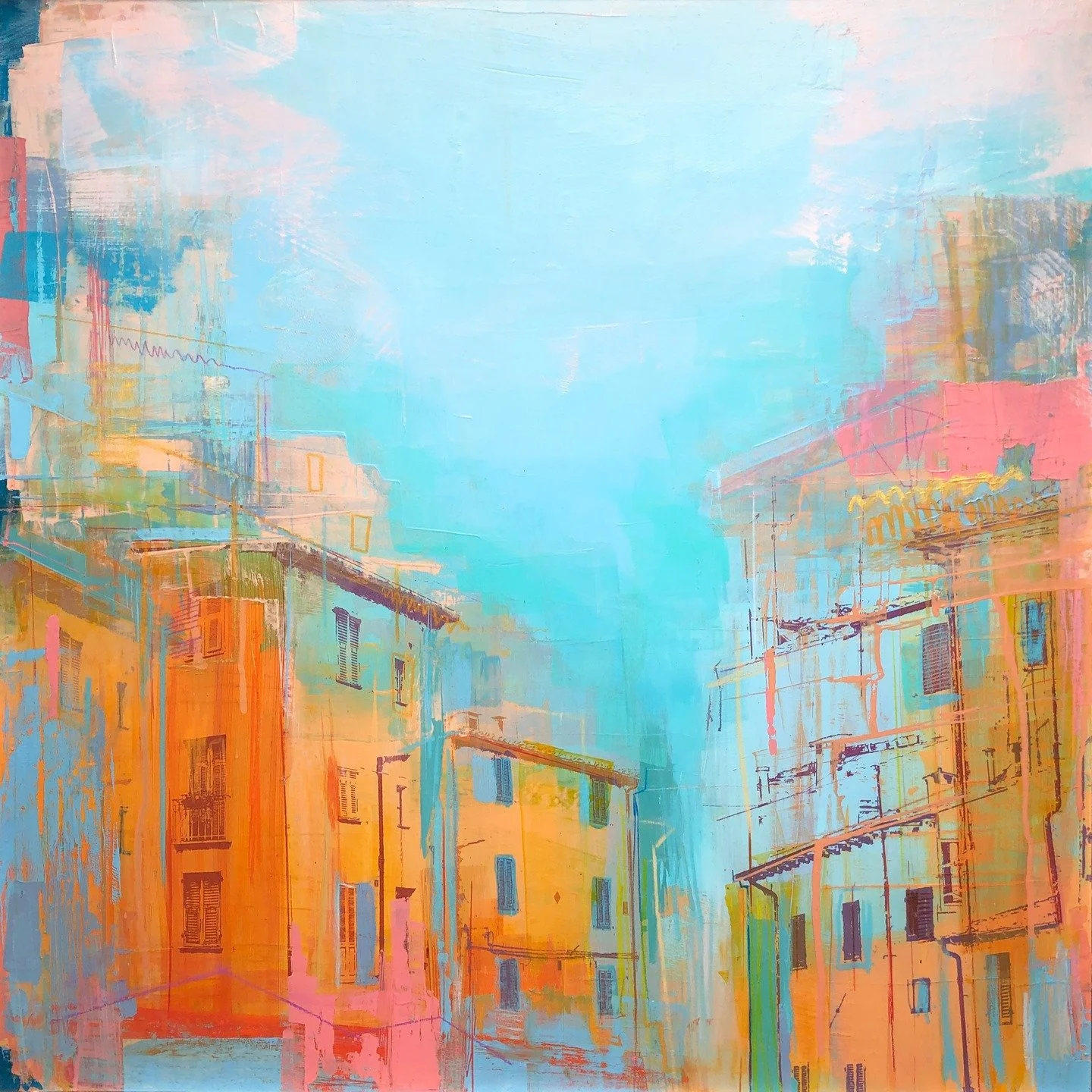 Golden Light 60cm x 60cm #mixedmedia #summerpainting #colour #architecture
