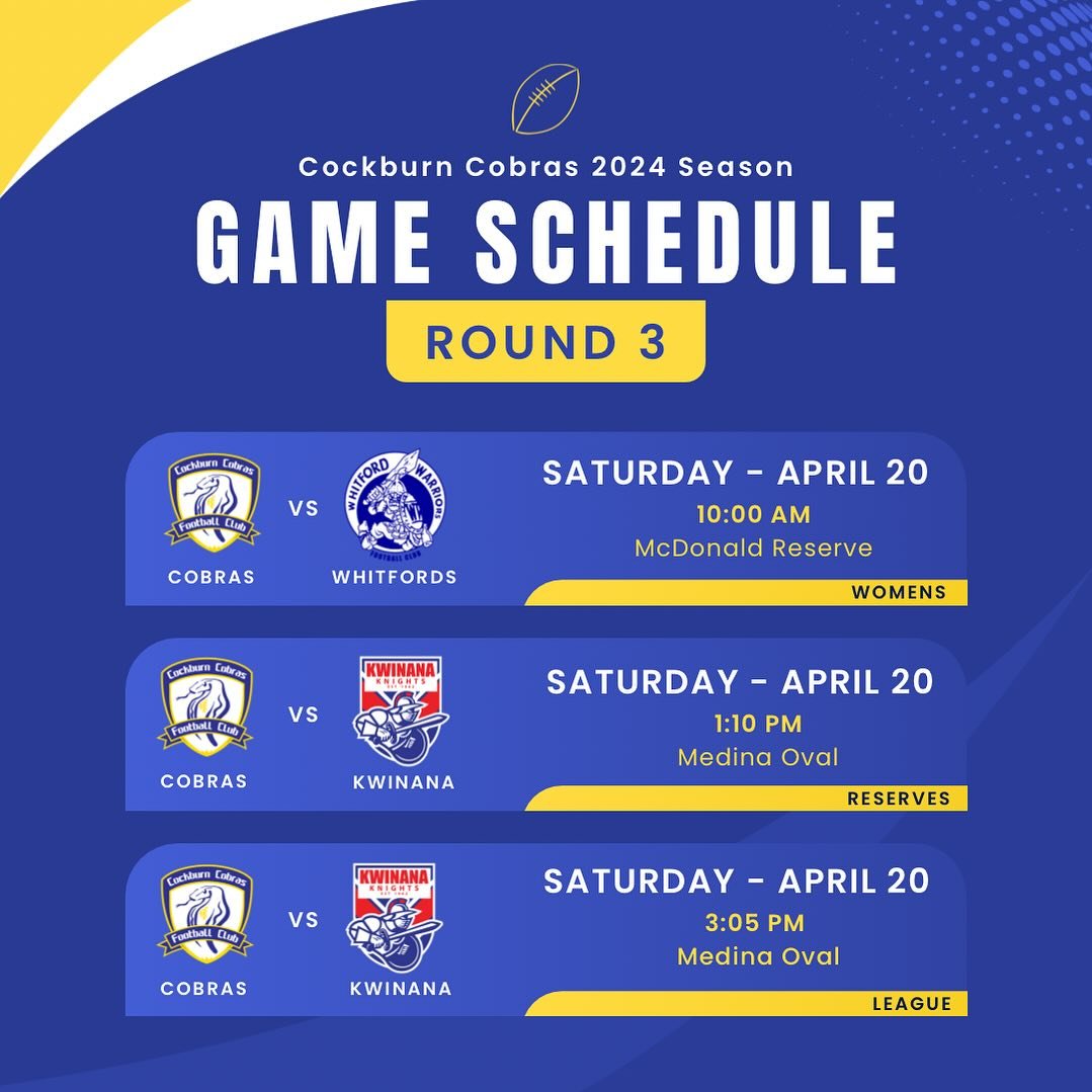 📣 ROUND 3 📣

Get set for round three! Exciting games ahead this week as all three teams hit the road. Join us to cheer on our women&rsquo;s and men&rsquo;s teams and turn the oval into a sea of blue and gold! 🐍