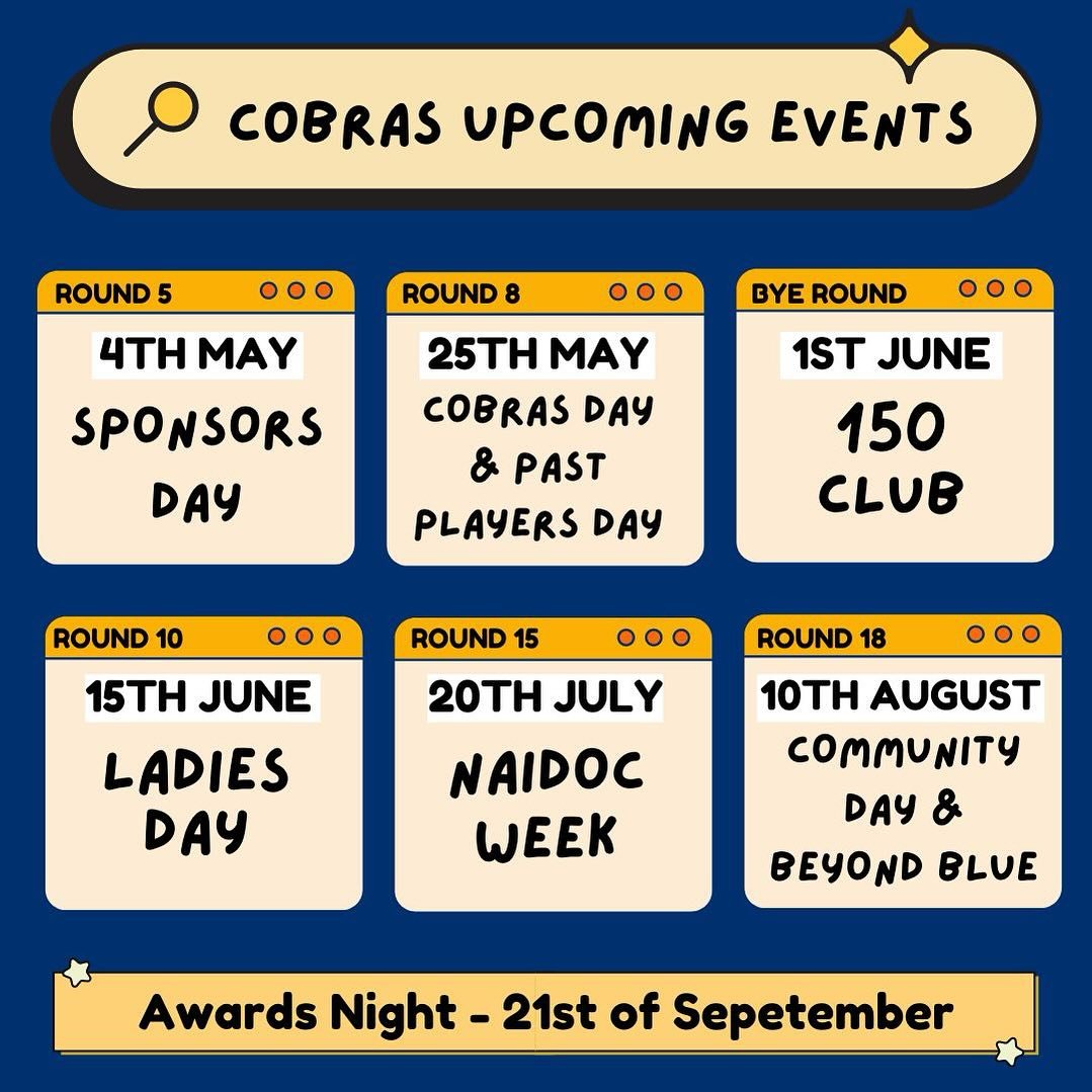 📣 UPCOMING EVENTS 📣

More information about each event will be posted separately. We look forward to another great season with all our players and supporters 💙🐍💛
