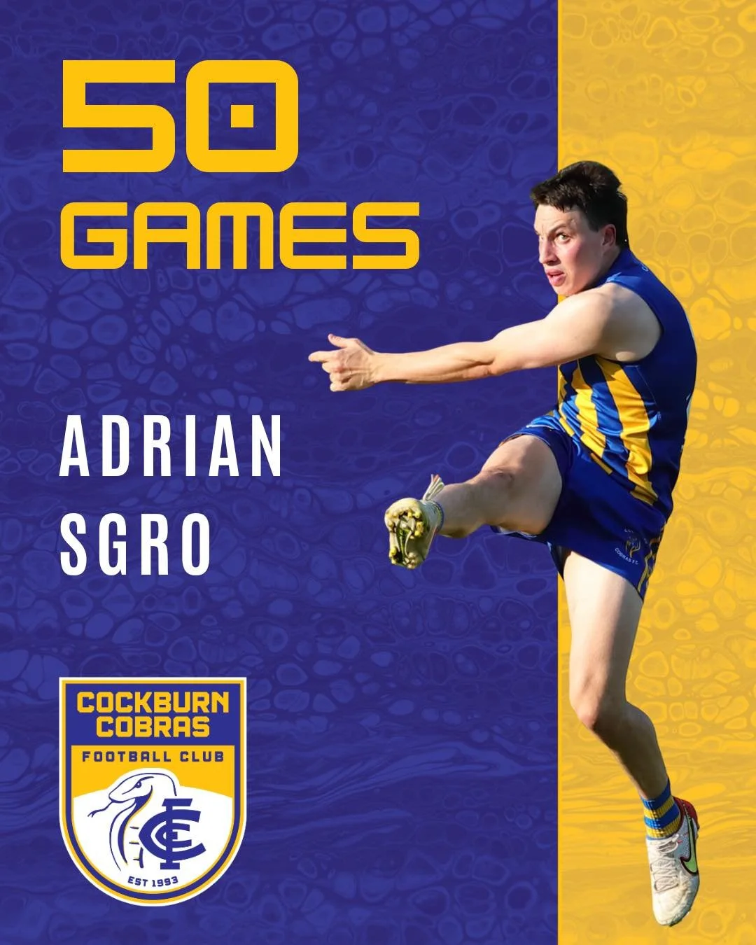 50th Game Milestone &ndash; Adrian Sgro 

Tomorrow, in the Preliminary Final, we celebrate Adrian Sgro as he runs out for his 50th game for the Cobras! 💙💛

Sgroy has been a solid contributor for the League side all year in 2025, not missing a singl