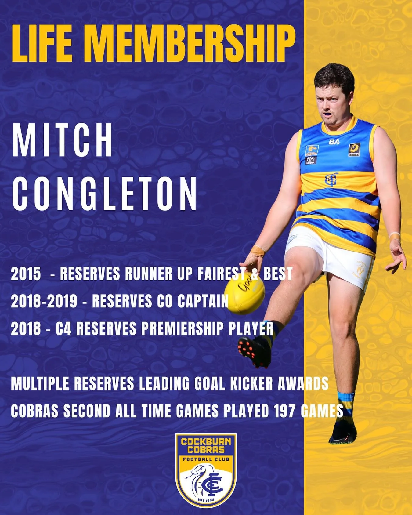 LIFE MEMBERSHIP &ndash; MITCH CONGLETON 

It is with great pride that we officially welcome Mitch Congleton as a Life Member of the Cockburn Cobras Football Club, an honour awarded at our 2025 Fairest &amp; Best Awards Night on Saturday night. 

Cong