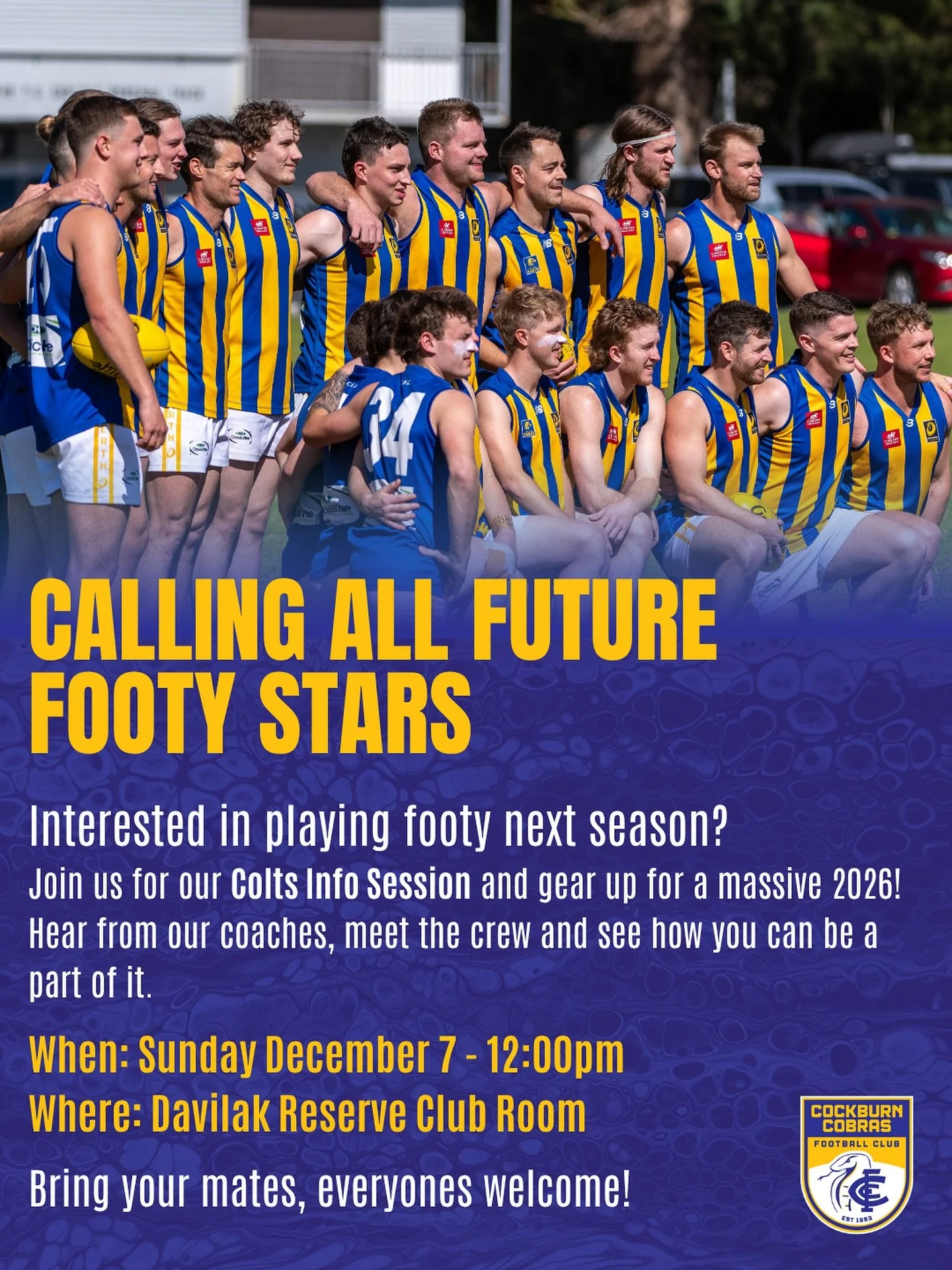 Colts 2026 is loading&hellip;

Our Colts program is gearing up for a huge season 💪 Join us at our Colts Information Session to hear what&rsquo;s in store for 2026!

Come down, meet the coaches, and see what being part of the Cobras is all about 🐍

