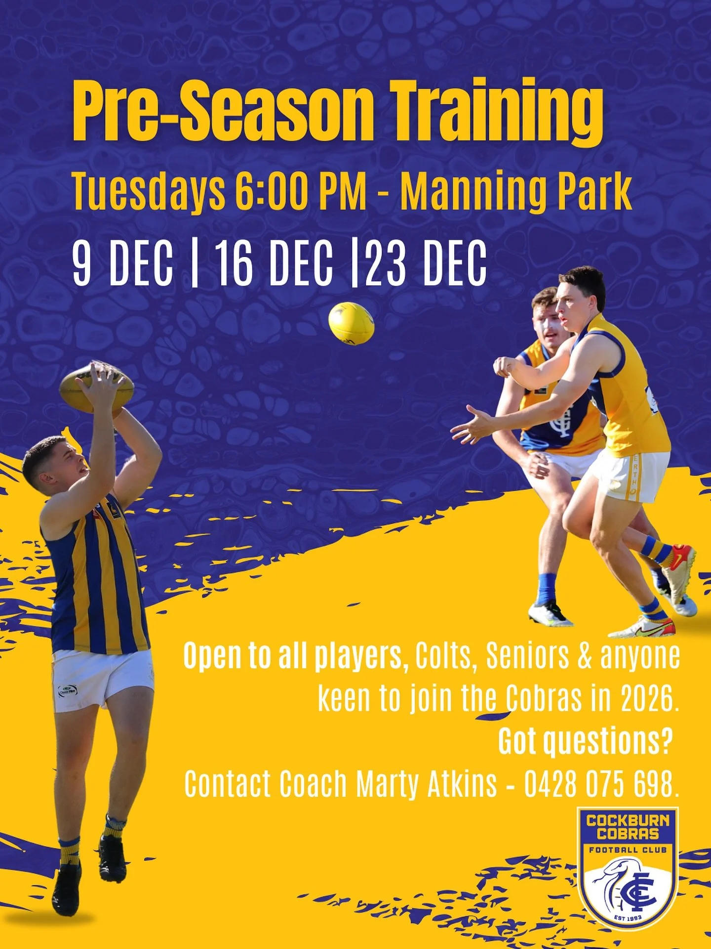 Pre-Xmas training is ON! 💪

Join us for our men&rsquo;s pre-Xmas training sessions at Manning Park.

Open to Colts &amp; Seniors, plus new players are always welcome!

For more info, reach out to League Coach Marty Atkins &ndash; 0428 075 698.

See 