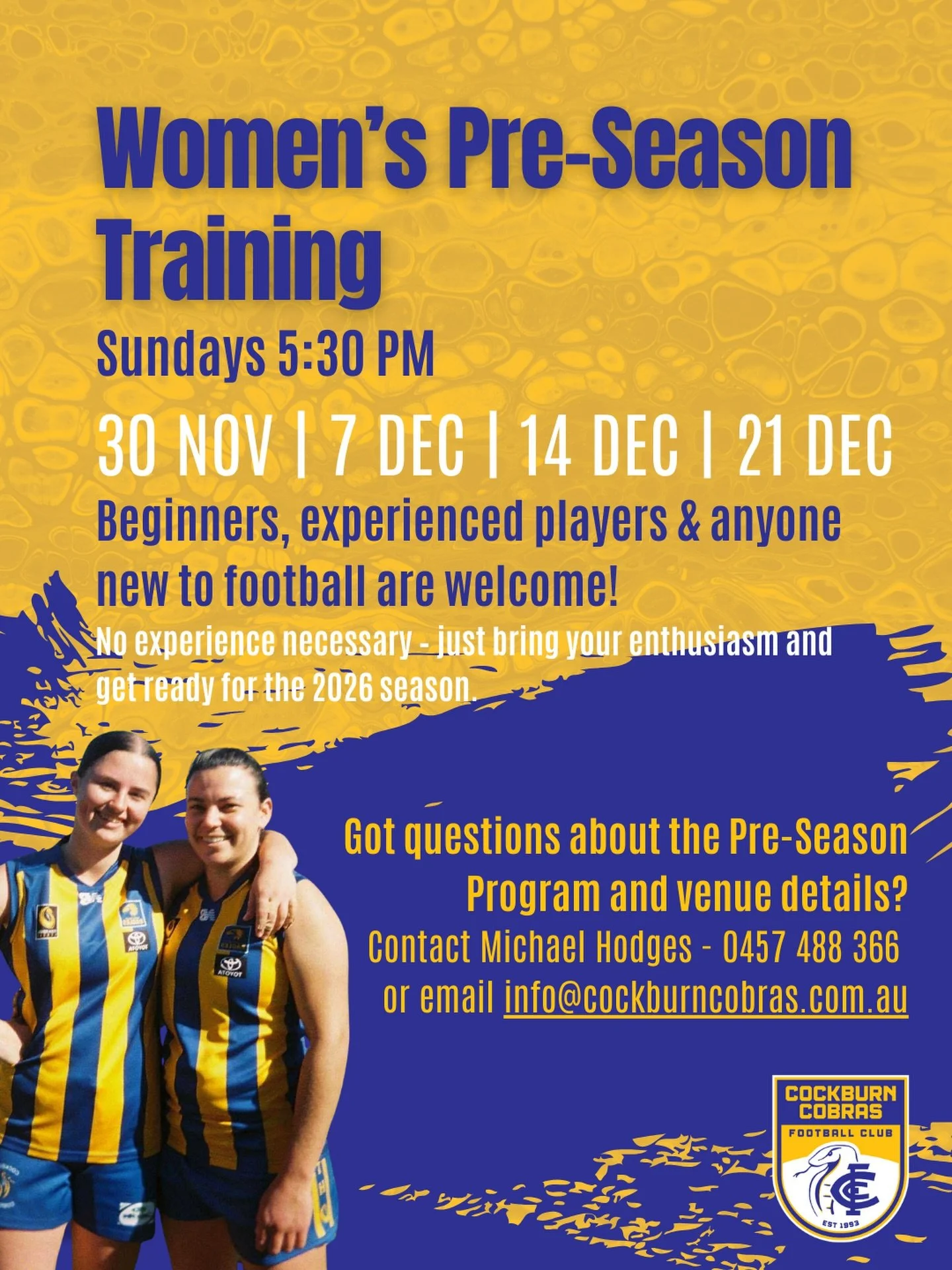 Women&rsquo;s Pre-Xmas training sessions start this weekend!

We&rsquo;re getting a few sessions in before the break &mdash; easy, fun and a great way to end the year.

Whether you&rsquo;re new to footy or easing back into it, these sessions suit all