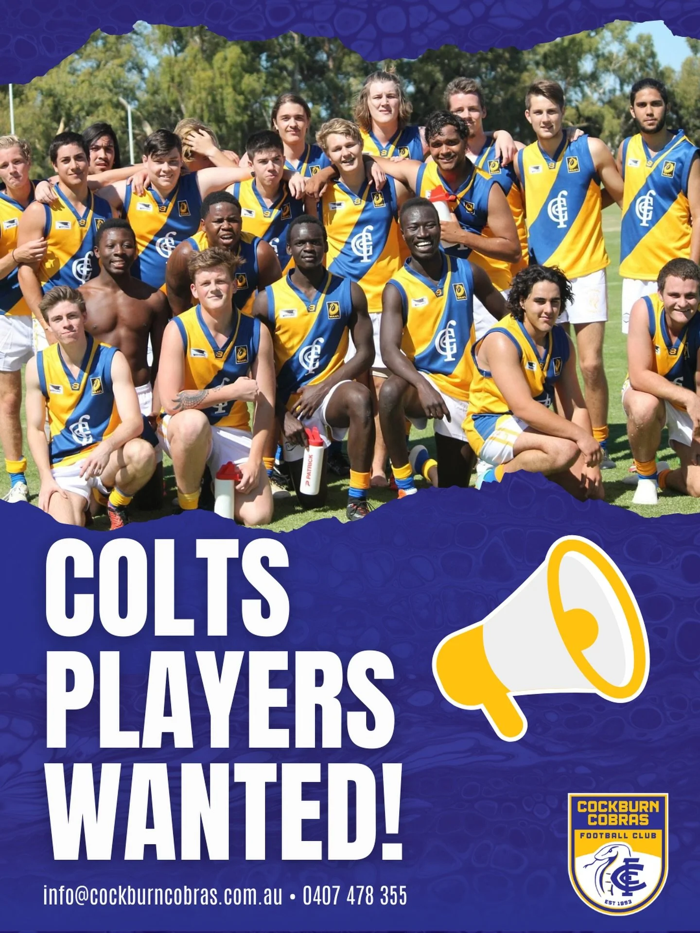 Colts Players Wanted for 2026!

We are looking for passionate, driven players ready to take their footy to the next level and join the Cobras family!

Why Join the Colts: 🐍 Pathway into senior footy 🐍 Supportive coaches  🐍 Build next-level skills 