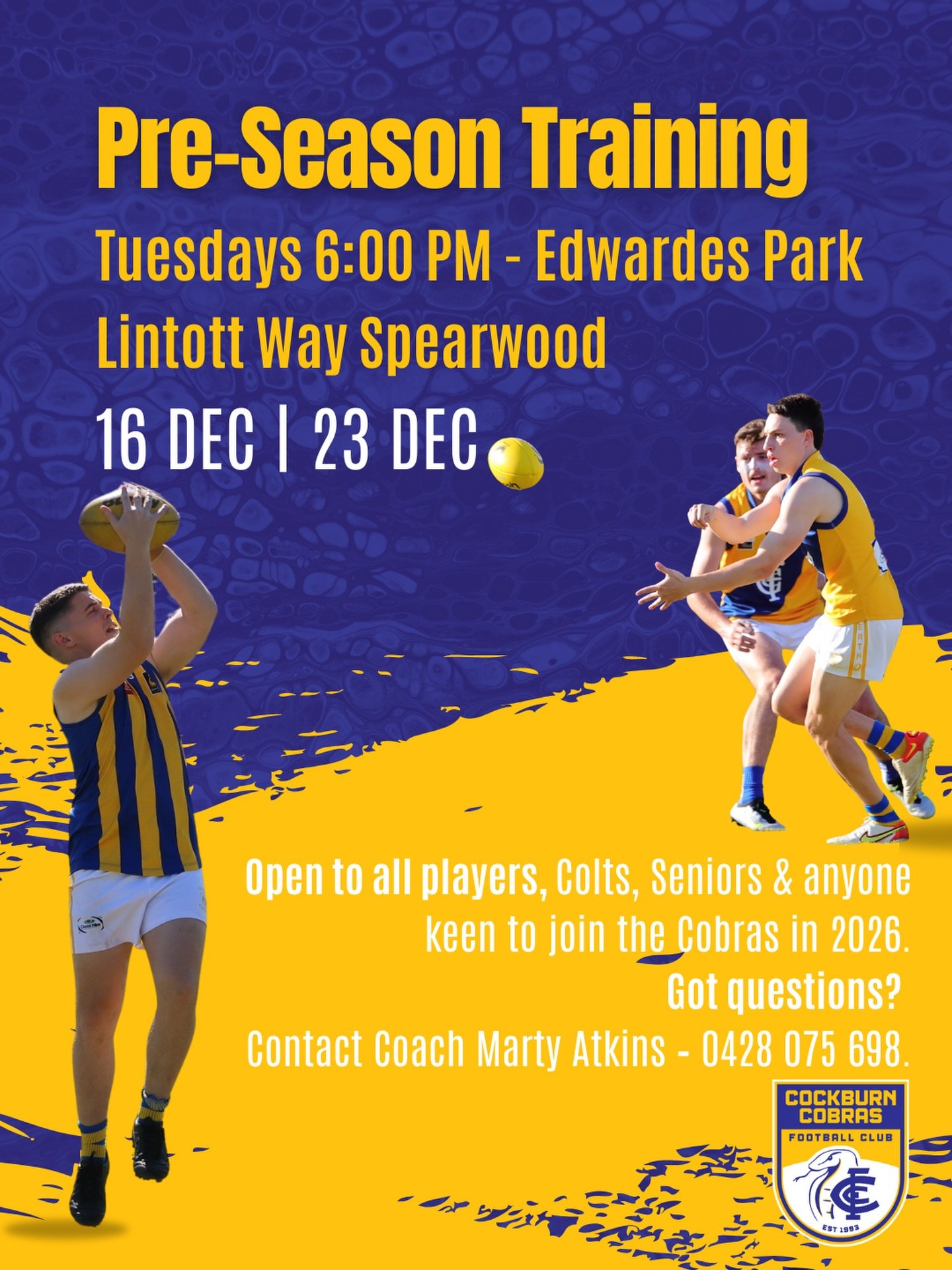 LOCATION CHANGE 📍

Our men&rsquo;s pre-Xmas training sessions have moved to Edwardes Park Lintott Way Spearwood. 

Open to Colts &amp; Seniors, and new players always welcome.

For more info, contact League Coach Marty Atkins &ndash; 0428 075 698.

