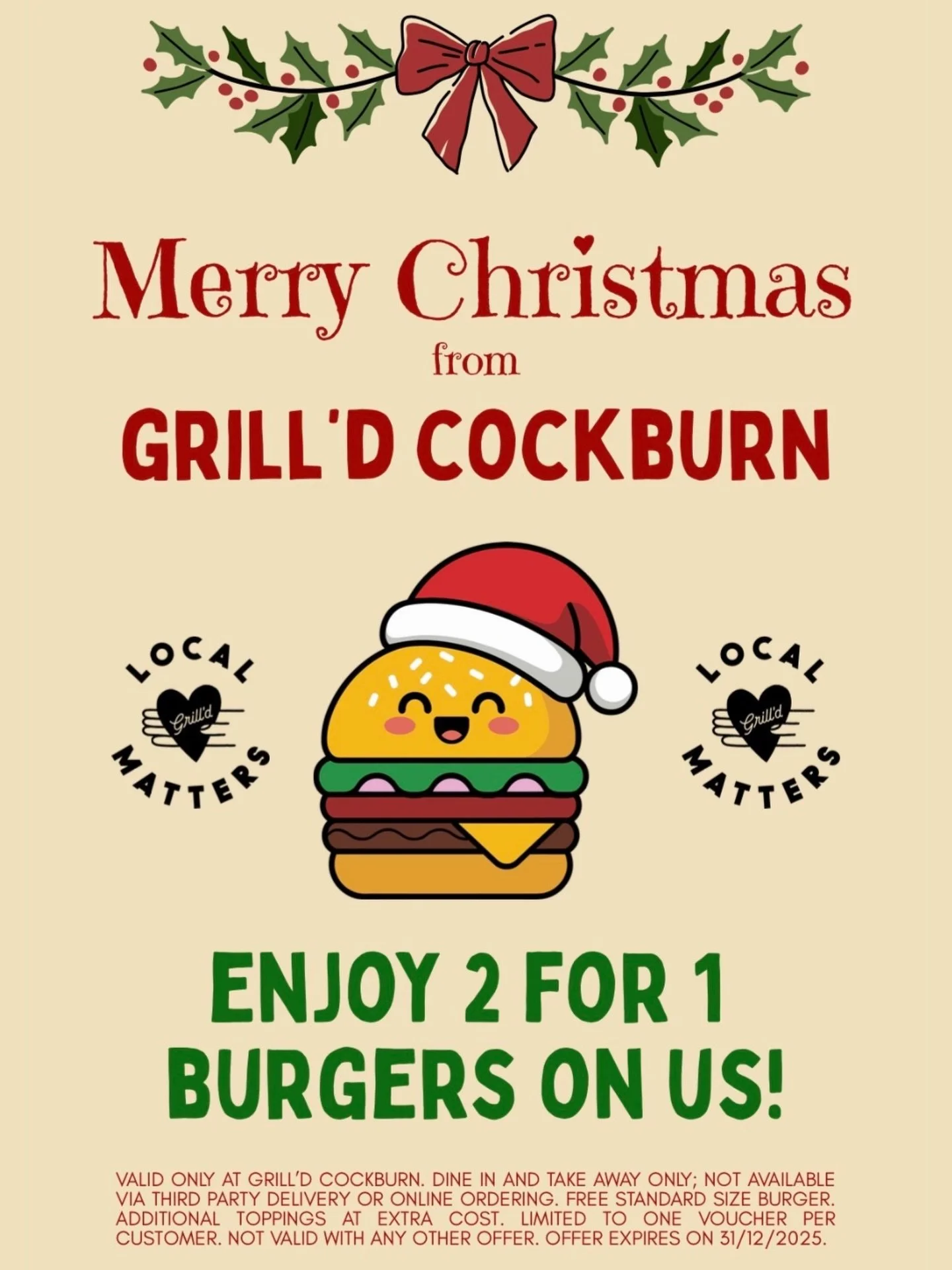 Cobras Christmas Offer 🎄

Thanks to Grill&rsquo;d, Cobras can enjoy a 2-for-1 burger deal valid throughout December! 

How it works:
📲 Show this offer on your phone in-store 
🍔 Must be a Grill&rsquo;d Relish Member (download the app) 

Big thanks 