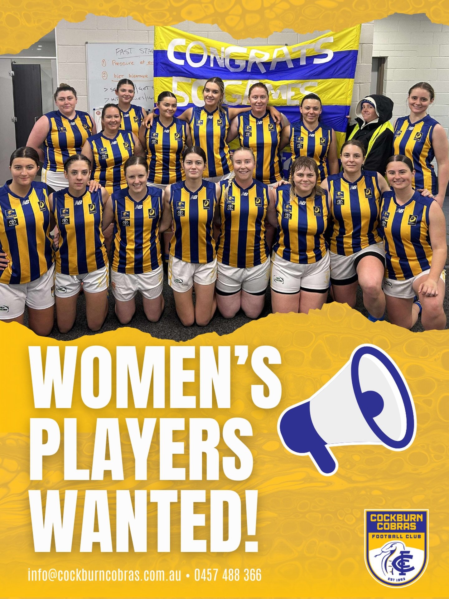 WOMEN&rsquo;S PLAYERS WANTED!

Ever thought about playing footy? Now&rsquo;s the time.

Whether you&rsquo;re brand new or returning to the game, the Cockburn Cobras Women&rsquo;s team is recruiting for the upcoming 2026 season.

Strong culture, great