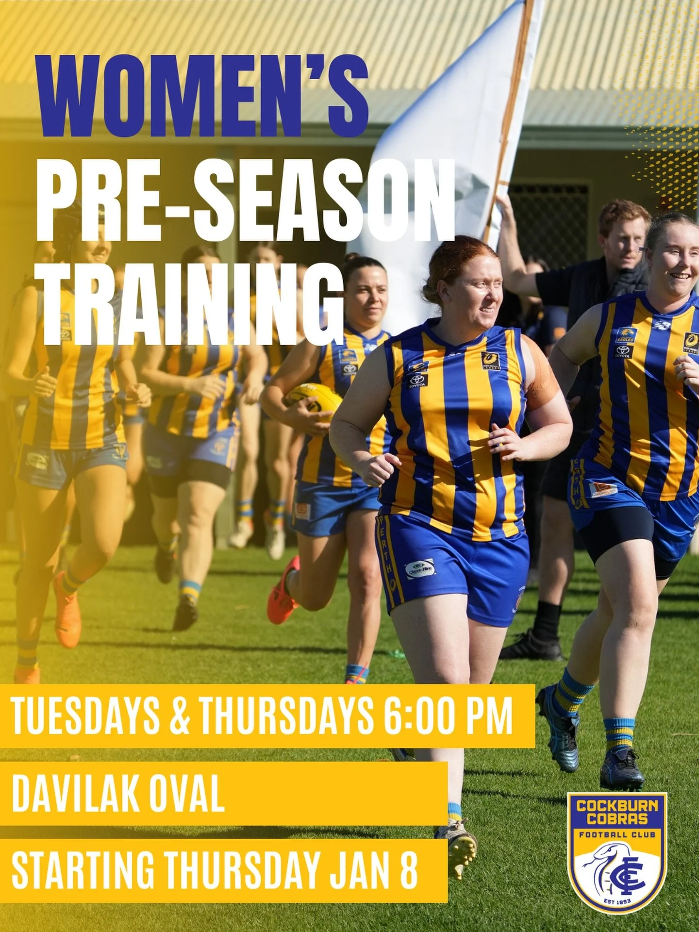 WOMEN&rsquo;S PRE-SEASON TRAINING! 

It&rsquo;s time to get moving!

🗓 Tuesdays &amp; Thursdays
⏰ 6:00PM
📍 Davilak Oval
📆 Starting Thursday Jan 8

New to footy or ready to run it back for another season? All skill levels welcome &mdash; come train
