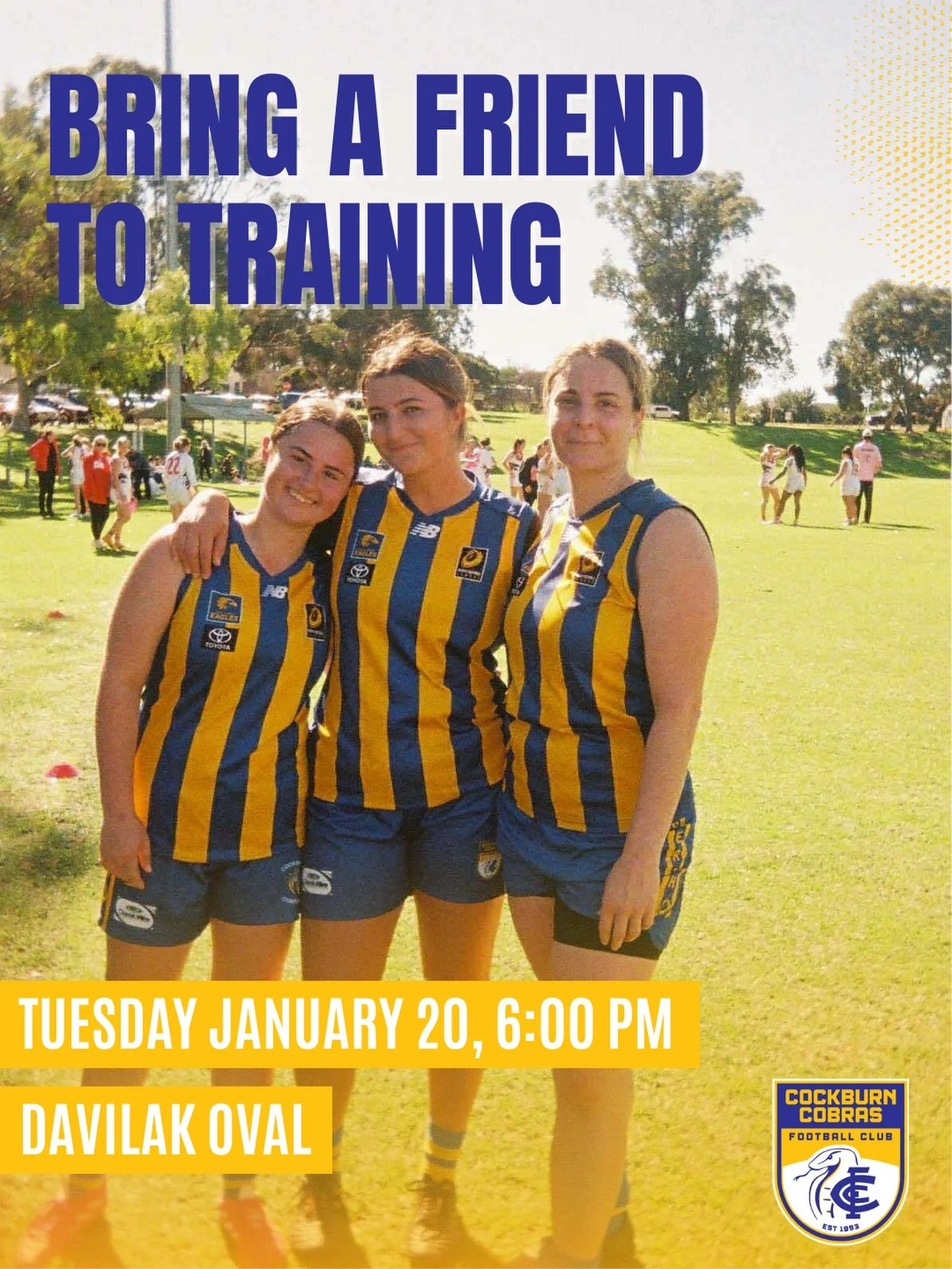 Bring your bestie to training 💙

New faces + friendly crew = the perfect week to try footy. A fun, supportive space to try something new.

Women&rsquo;s Training Session
🗓️ Tuesday January 20 2026
⏰ 6:00 PM 
📍Davilak Oval 

We can&rsquo;t wait to 