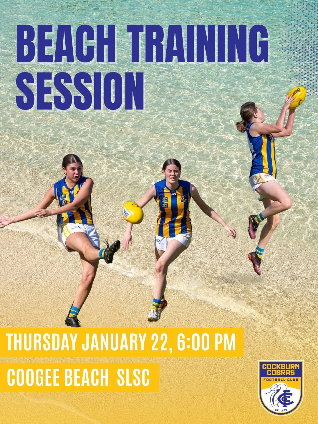Beach Session Incoming! 🌊 

The Cobras are hitting the sand at the next Women&rsquo;s Training Session. 

📅 Thursday January 22, 2026 
⏰ 6:00 PM
📍 Coogee Beach Surf Life Saving Club - Meeting on grassed area

See you on the sand! 🐍

 #CockburnCob