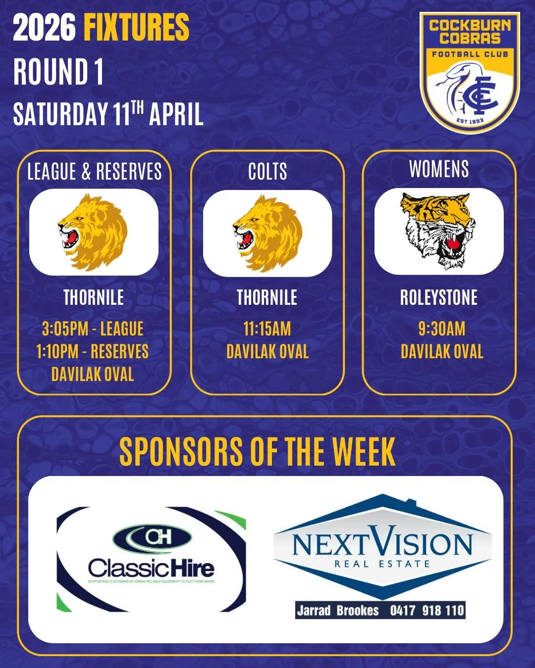 🔥 ROUND 1 &ndash; SUPER SATURDAY 🔥

Footy&rsquo;s back at HOME with all teams in action including the return of our Colts for the first time since 2022 🐍

Big thanks to our Round 1 sponsors of the week Classic Hire &amp; Next Vision Real Estate fo