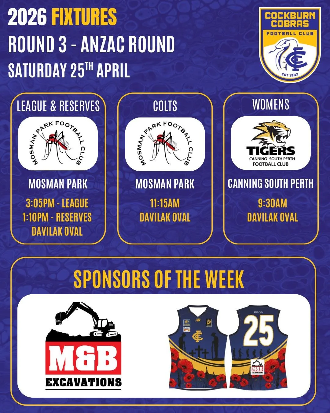 🇦🇺 ANZAC ROUND 🇦🇺

This week we come together to recognise and honour the ANZAC spirit as all teams take the field for a special round of footy.

We&rsquo;ll be holding a short ANZAC ceremony prior to the League game as we pay our respects to tho