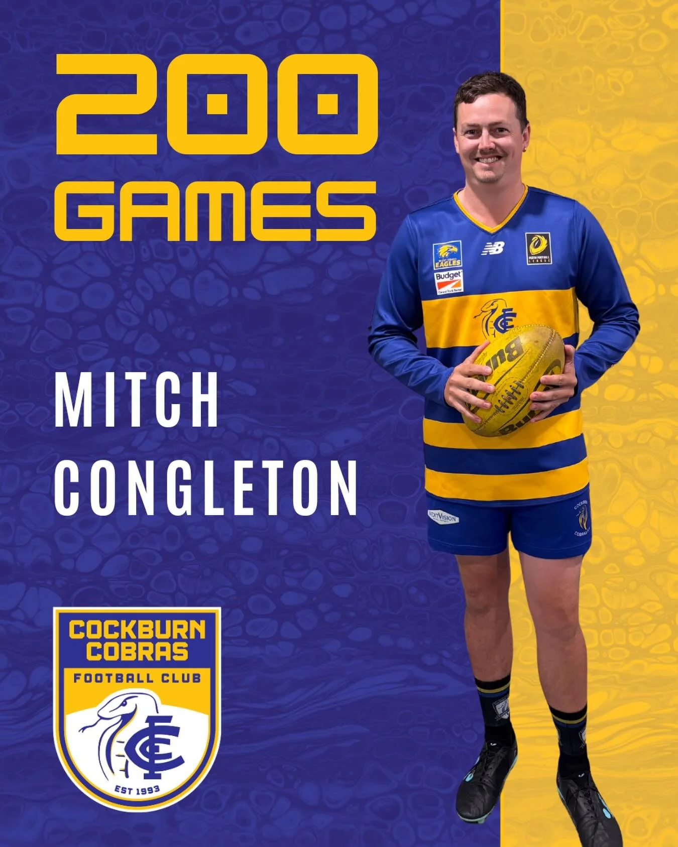 💙💛 200 Games for Mitch &ldquo;Congo&rdquo; Congleton 💛💙

This weekend we celebrate a massive milestone, with Mitch &ldquo;Congo&rdquo; Congleton pulling on the blue and gold for the 200th time &mdash; becoming just the second Cobra in club histor