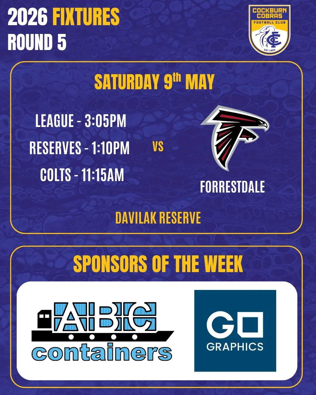 ROUND 5 &ndash; SUPER SATURDAY

We&rsquo;re back HOME this weekend with a full day of footy as all teams take on Forrestdale.

It&rsquo;s Past Players Day at the club, and we&rsquo;re proud to be celebrating the 20 Year Reunion of the 2006 MFA Premie