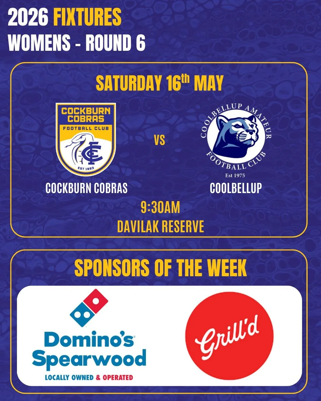 🐍 R6 SUPER SATURDAY 🐍

It&rsquo;s a massive day of footy this weekend as all roads lead to the Snake Pit for a huge Super Saturday, proudly celebrating Ladies Day 💙💛

Get down and support all our Cobra teams as they take the field in what promise