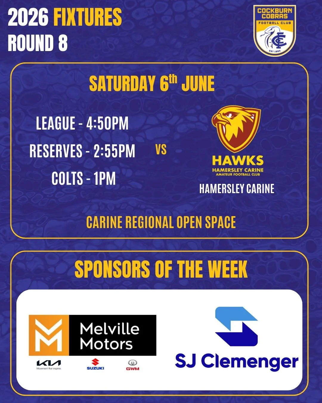 ROUND 8 FIXTURES
 
After a well-earned bye, all Cobra teams are back in action this weekend with another big round of football ahead with all teams on the road.
 
Our Women's side faces a top-of-the-table clash under lights against Bayswater, with 1s