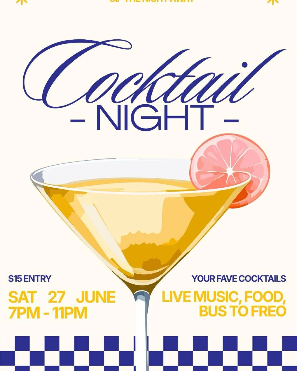 🍸✨ COCKTAIL NIGHT IS HERE! ✨🍸

Round up your friends and join us for one of the biggest social nights on the Cobras calendar!

📅 Saturday 27th June
⏰ 7:00pm &ndash; 11:00pm
👗 Cocktail Attire
💰 $15 Entry

Enjoy four delicious cocktails available 