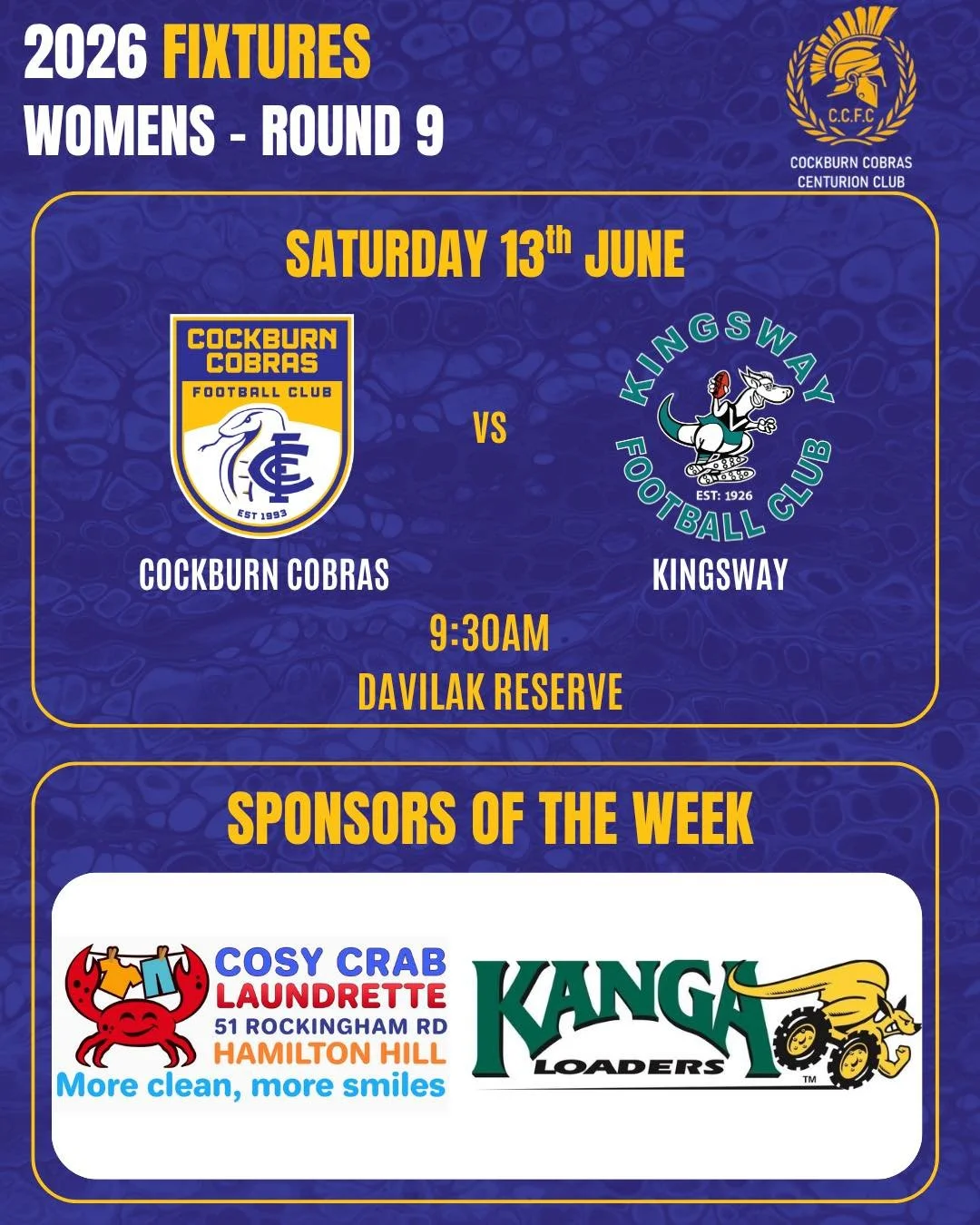 🐍 ROUND 9 FIXTURES &ndash; SUPER SATURDAY AT THE SNAKE PIT 🐍

All four Cobra teams are back at home this weekend for a massive Super Saturday at the Snake Pit!

This Saturday also marks our annual Centurion Club Day. The Centurion Club recognises t