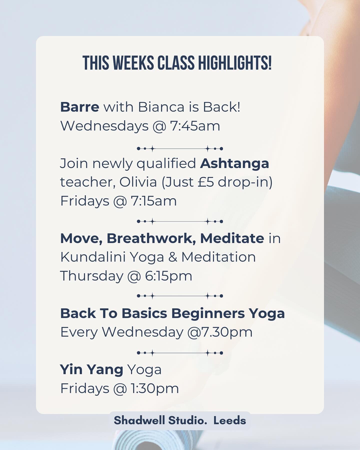 Are you an early bird..?  New Classes, new times including Barre and Ashtanga.   Make use of our &lsquo;Introductory Offer&rsquo; to try as many classes as you like and find a routine that works for you.

Could now be the time that you prioritise you