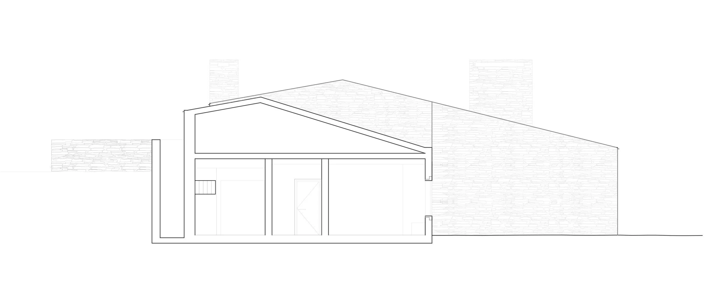 Architectural section drawing showing the structure and interior spaces of the renovated Cebolais house
