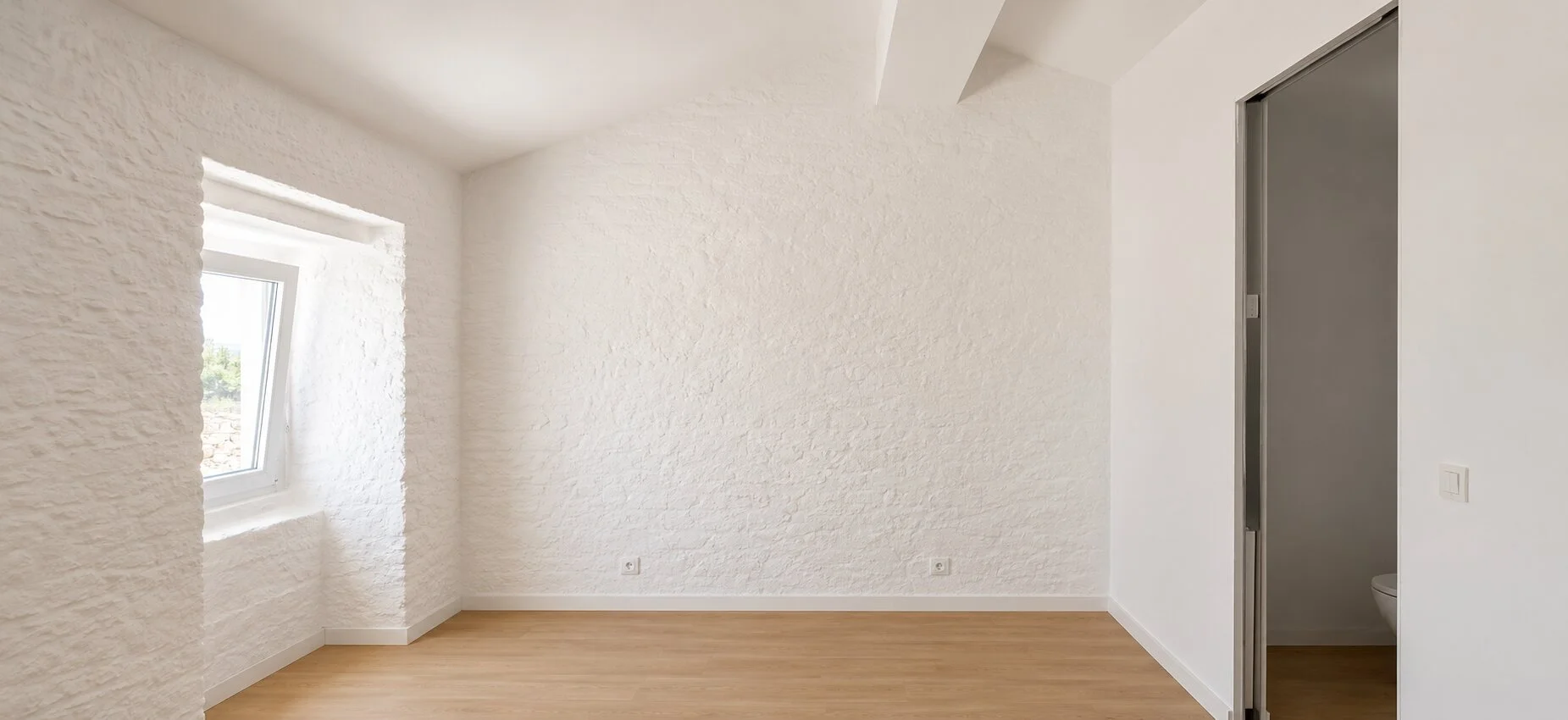 Bright renovated room with white walls and natural oak flooring in Cebolais de Cima