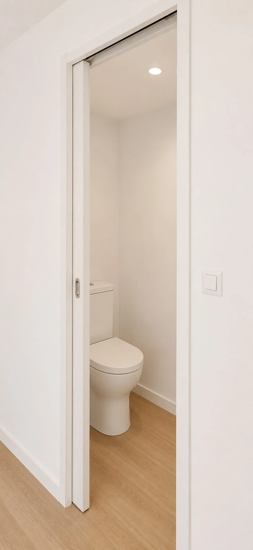 Renovated bedroom with white walls, textured stone-like finish and oak flooring