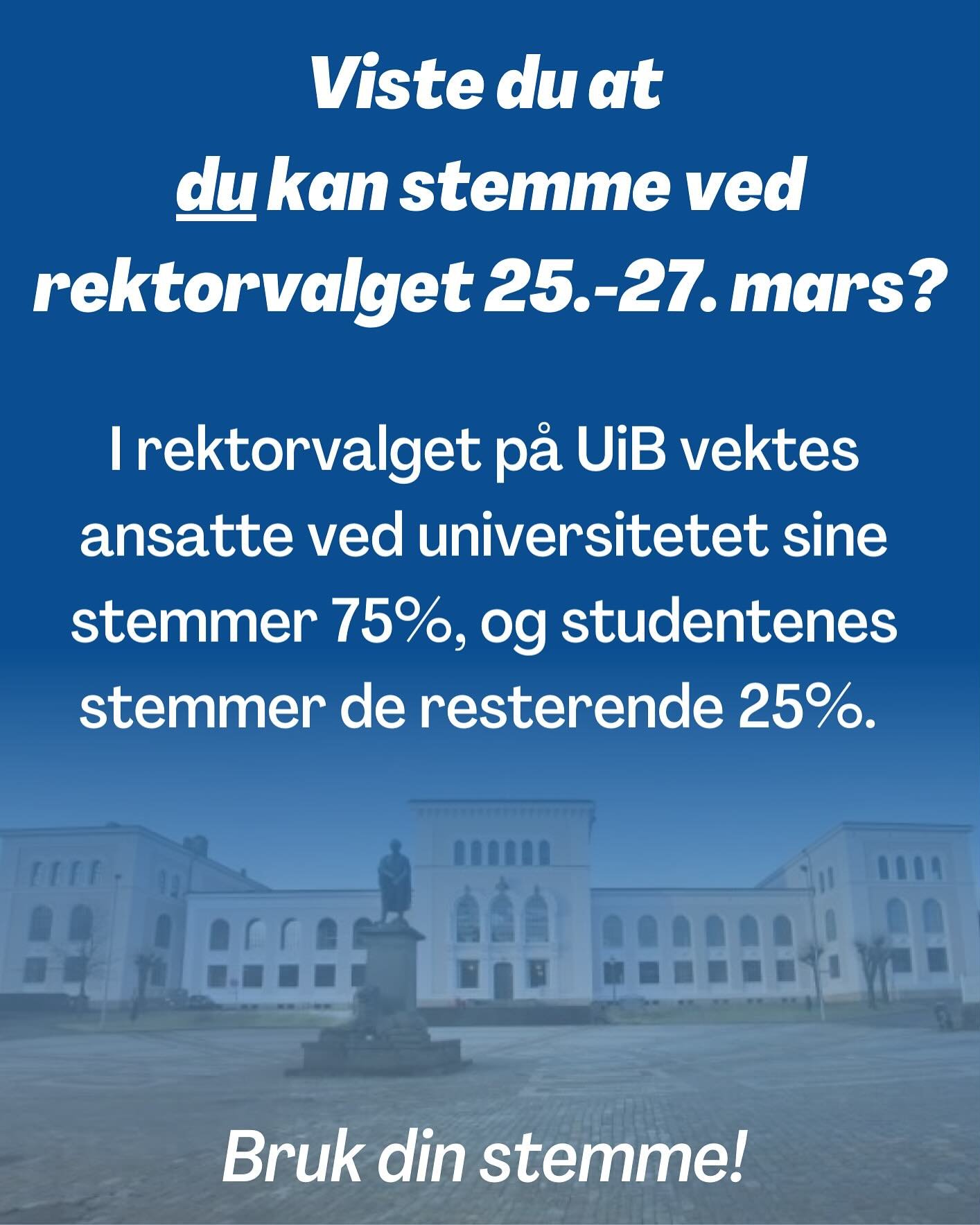 V&aring;ren 2025 skal det velges rektor, prorektor og nye medlemmer til universitetsstyret for perioden 01.08.2025 - 31.07.2029, og DU kan faktisk v&aelig;re med &aring; bestemme hvem som skal styre universitetet! ❤️ Stemmingen gj&oslash;res digitalt