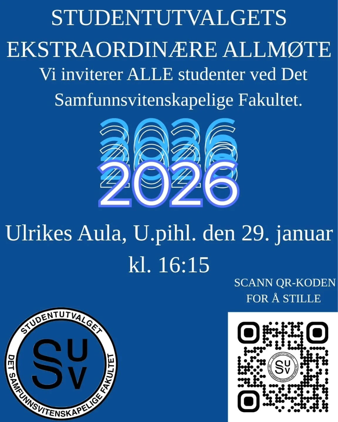 V&aelig;r med p&aring; &aring; velge nye representanter 29 januar kl 16:15!
Tilegg til dette kan du selv stille til et verv gjennom QR koden. Vel m&oslash;tt! 🤝 (Det blir gratis pizza😌🤌) 

Har du noen sp&oslash;rsm&aring;l til vervene? Send oss en