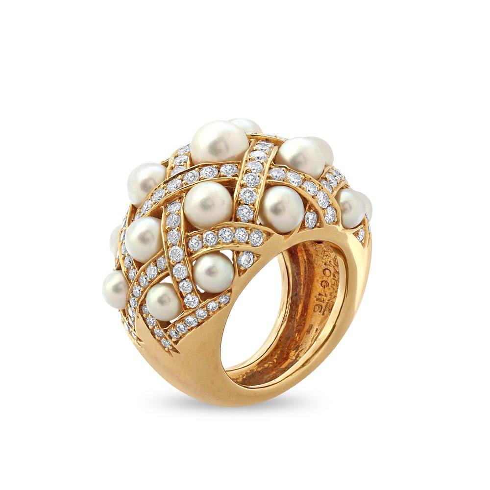 Chanel 'Matelassée' Gold, Pearl & Diamond Ring — Morelle Davidson