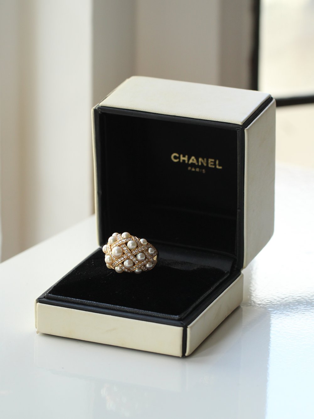 Chanel Rhinestone CC Black Resin Ring - Size 6.75